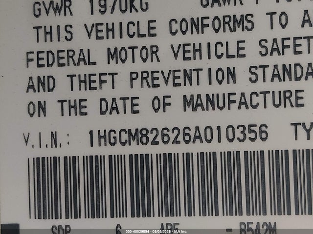 2006 Honda Accord 3.0 Ex მანქანა იყიდება აუქციონზე, vin: 1HGCM82626A010356, აუქციონის ნომერი: 45029894