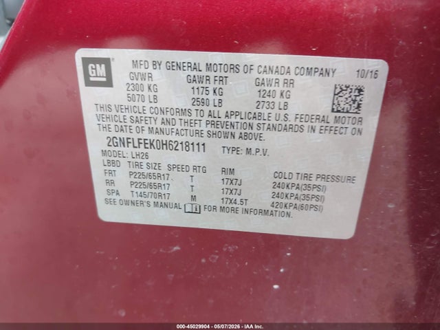 45029904 :رقم المزاد ، 2GNFLFEK0H6218111 vin ، 2017 Chevrolet Equinox Lt مزاد بيع