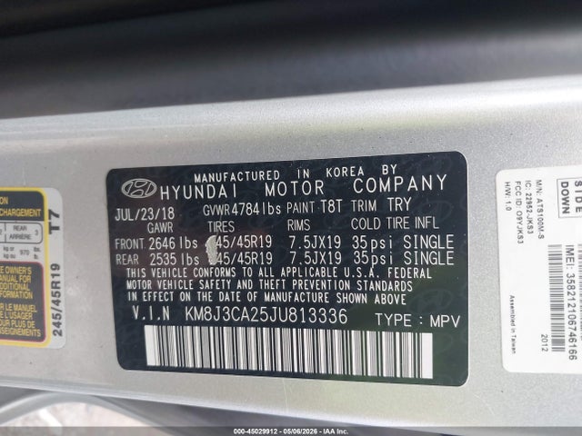 Продаж на аукціоні авто 2018 Hyundai Tucson Limited, vin: KM8J3CA25JU813336, номер лоту: 45029912