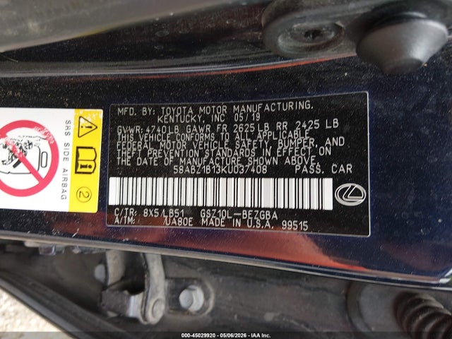 Aukcja sprzedaży 2019 Lexus Es 350 Luxury, vin: 58ABZ1B13KU037408, numer aukcji: 45029920