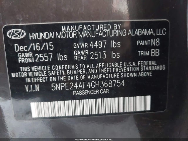 Aukcja sprzedaży 2016 Hyundai Sonata Se, vin: 5NPE24AF4GH368754, numer aukcji: 45029926