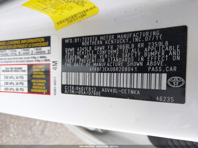 2011 Toyota Camry Le მანქანა იყიდება აუქციონზე, vin: 4T4BF3EK0BR208041, აუქციონის ნომერი: 45029929