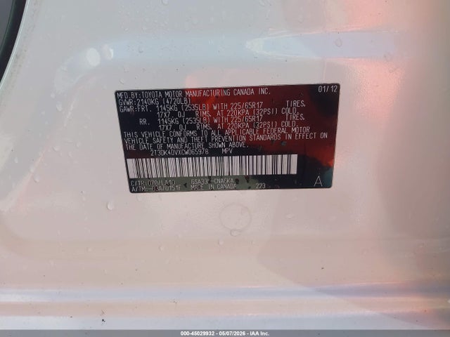 45029932 :رقم المزاد ، 2T3DK4DVXCW065978 vin ، 2012 Toyota Rav4 Limited V6 مزاد بيع