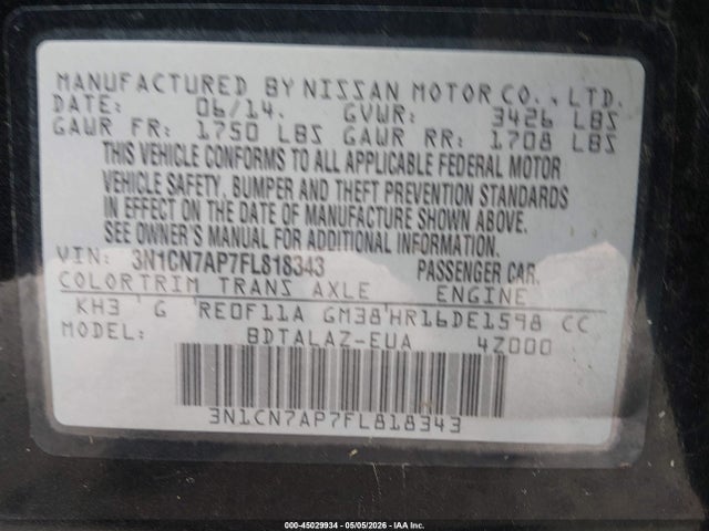 Продаж на аукціоні авто 2015 Nissan Versa 1.6 S+, vin: 3N1CN7AP7FL818343, номер лоту: 45029934
