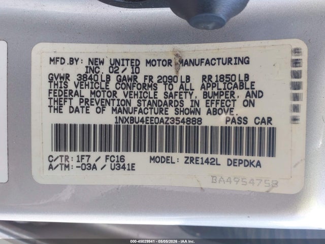 Продаж на аукціоні авто 2010 Toyota Corolla Le, vin: 1NXBU4EE0AZ354888, номер лоту: 45029941