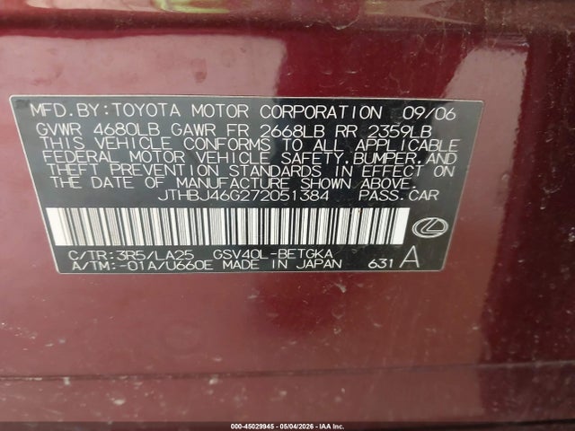 Продажа на аукционе авто 2007 Lexus Es 350, vin: JTHBJ46G272051384, номер лота: 45029945