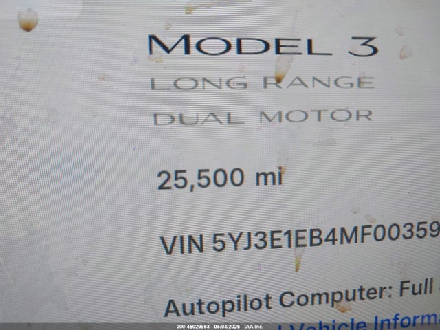 2021 Tesla Model 3 Long Range მანქანა იყიდება აუქციონზე, vin: 5YJ3E1EB4MF003599, აუქციონის ნომერი: 45029953