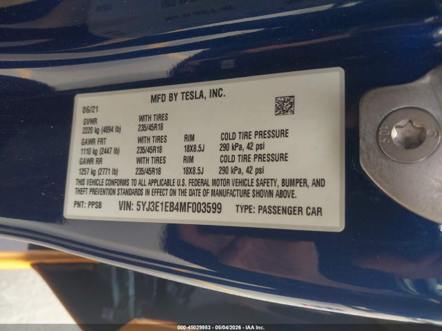 2021 Tesla Model 3 Long Range მანქანა იყიდება აუქციონზე, vin: 5YJ3E1EB4MF003599, აუქციონის ნომერი: 45029953