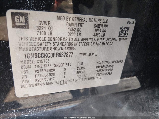 2015 Chevrolet Tahoe Ltz მანქანა იყიდება აუქციონზე, vin: 1GNSCCKC0FR637877, აუქციონის ნომერი: 45029961