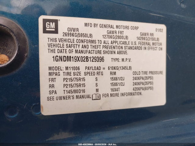 Продажа на аукционе авто 2002 Chevrolet Astro Ls, vin: 1GNDM19X02B129396, номер лота: 45029964