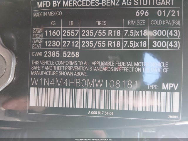 Aukcja sprzedaży 2021 Mercedes-benz Glb 250 4matic, vin: W1N4M4HB0MW108181, numer aukcji: 45029970