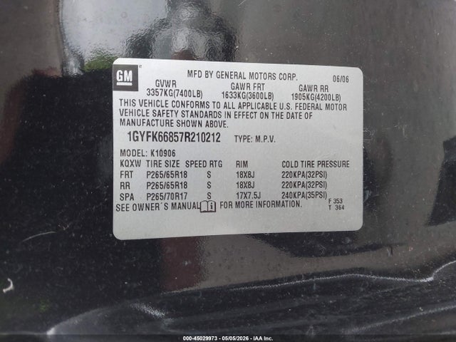 2007 Cadillac Escalade Esv Standard მანქანა იყიდება აუქციონზე, vin: 1GYFK66857R210212, აუქციონის ნომერი: 45029973