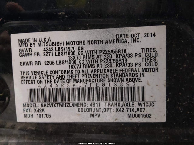 4A4AR3AU7FE013393 Mitsubishi Outlander Sport Es