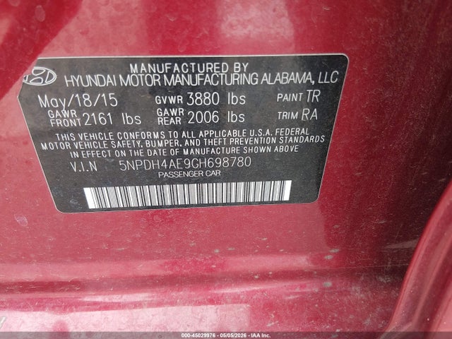 45029976 :رقم المزاد ، 5NPDH4AE9GH698780 vin ، 2016 Hyundai Elantra Se مزاد بيع