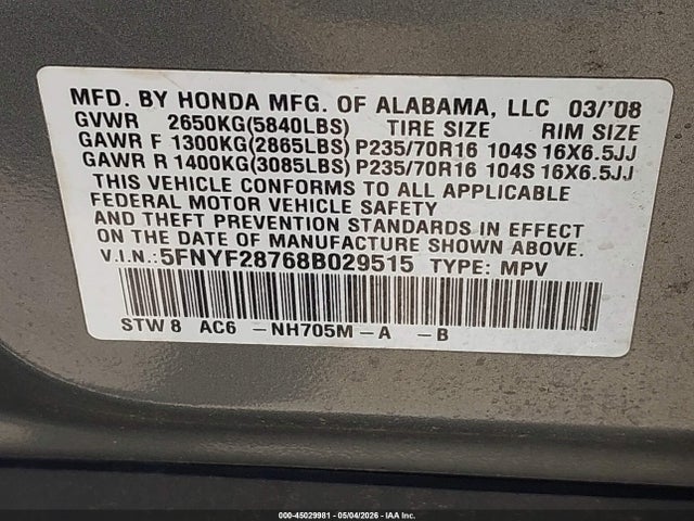 45029981 :رقم المزاد ، 5FNYF28768B029515 vin ، 2008 Honda Pilot Ex-l مزاد بيع
