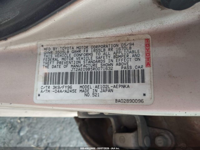 Продаж на аукціоні авто 1994 Toyota Corolla Le/dx, vin: JT2AE09B5R0071632, номер лоту: 45029988