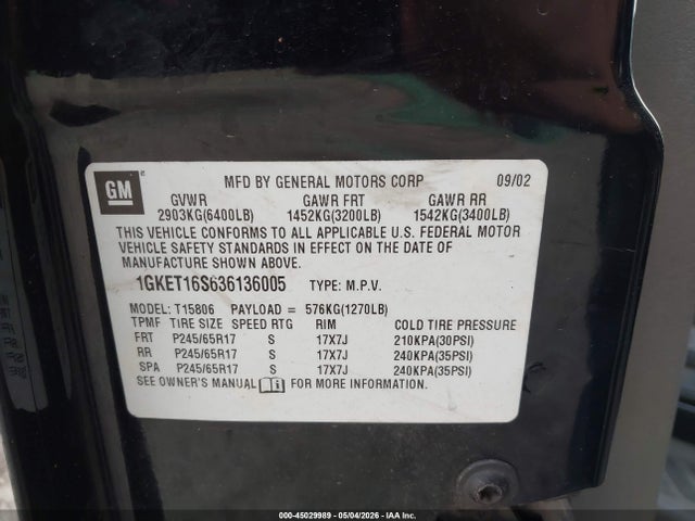 Продажа на аукционе авто 2003 Gmc Envoy Xl Slt, vin: 1GKET16S636136005, номер лота: 45029989