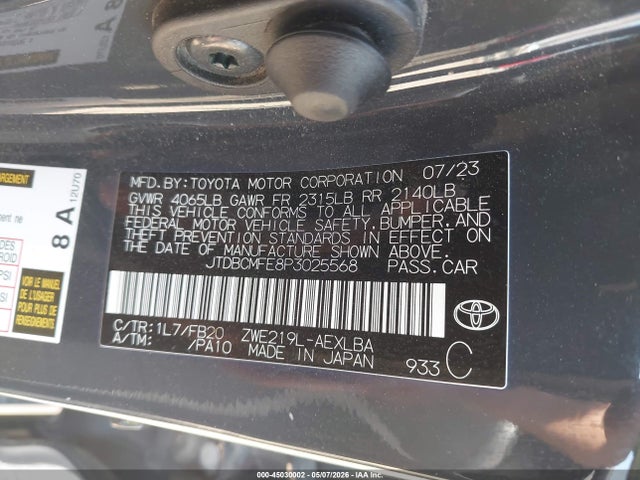 Auction sale of the 2023 Toyota Corolla Hybrid Le, vin: JTDBCMFE8P3025568, lot number: 45030002