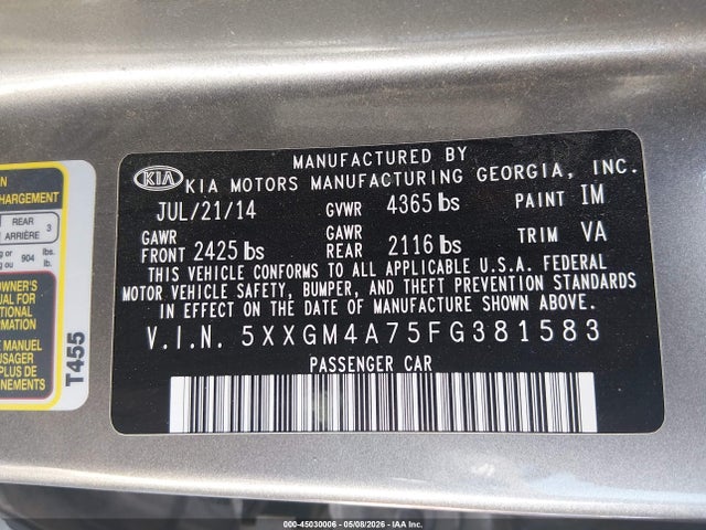 45030006 :رقم المزاد ، 5XXGM4A75FG381583 vin ، 2015 Kia Optima Lx مزاد بيع