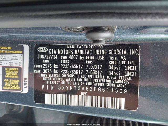 5XYKT3A62FG611509 KIA SORENTO LX
