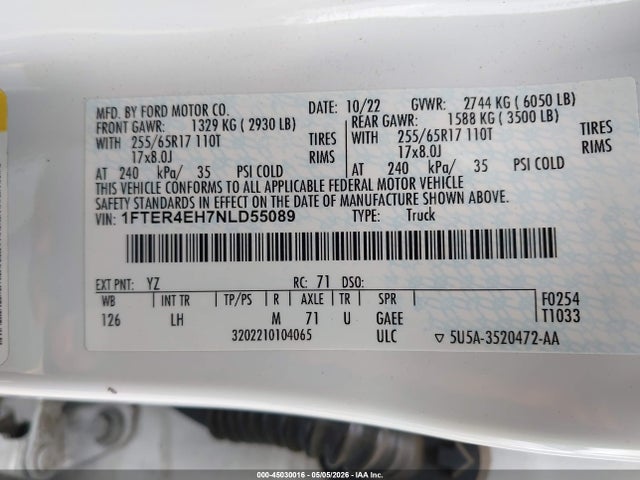 2022 Ford Ranger Xl მანქანა იყიდება აუქციონზე, vin: 1FTER4EH7NLD55089, აუქციონის ნომერი: 45030016