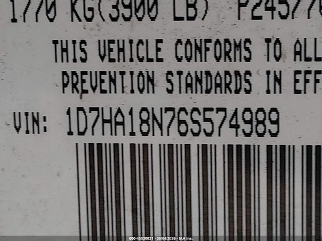 45030021 :رقم المزاد ، 1D7HA18N76S574989 vin ، 2006 Dodge Ram 1500 Slt مزاد بيع