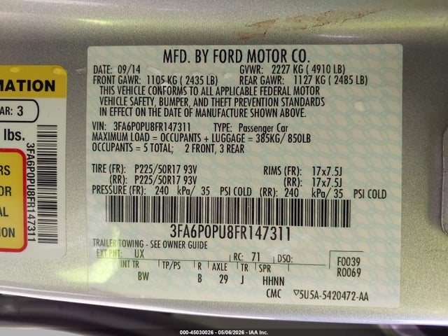 45030026 :رقم المزاد ، 3FA6P0PU8FR147311 vin ، 2015 Ford Fusion Energi Se Luxury مزاد بيع