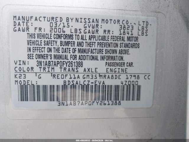 3N1AB7AP0FY261388 Nissan SENTRA S