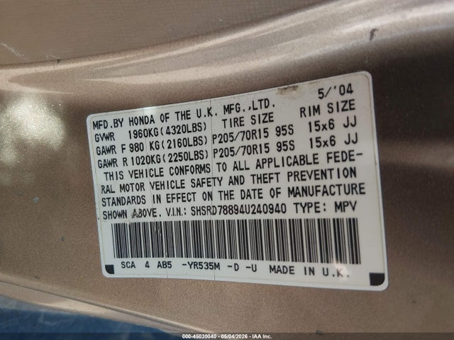 Продажа на аукционе авто 2004 Honda Cr-v Ex, vin: SHSRD78894U240940, номер лота: 45030040