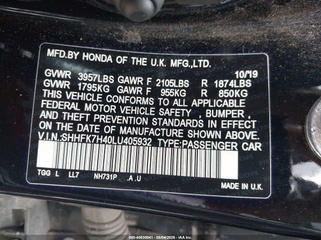 SHHFK7H40LU405932 Honda Civic Sport