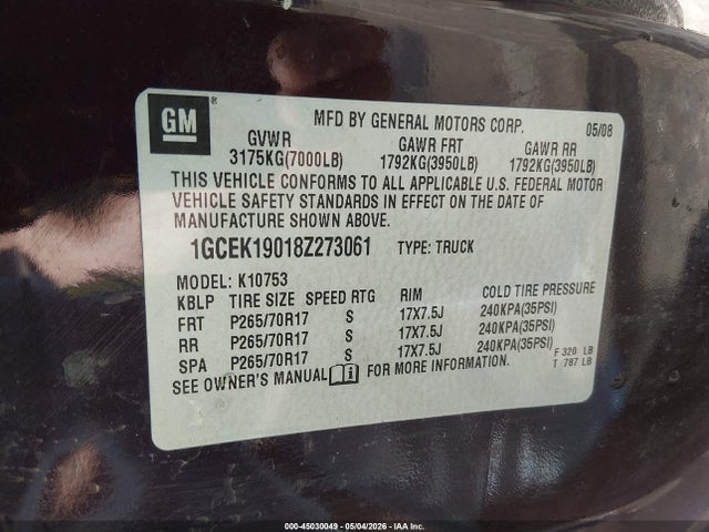 Aukcja sprzedaży 2008 Chevrolet Silverado 1500 Ltz, vin: 1GCEK19018Z273061, numer aukcji: 45030049