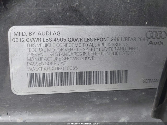 45030050 :رقم المزاد ، WAUFFAFLXDN010055 vin ، 2013 Audi A4 2.0t Premium مزاد بيع