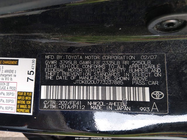 Продажа на аукционе авто 2007 Toyota Prius, vin: JTDKB20U773237885, номер лота: 45030051
