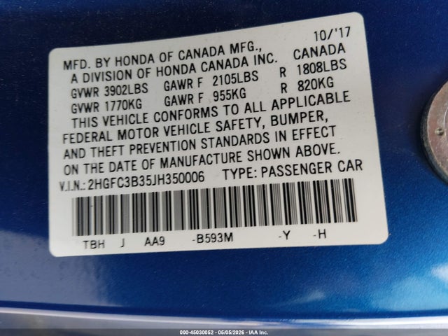 2HGFC3B35JH350006 Honda Civic Ex-t