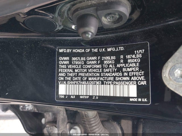 45030058 :رقم المزاد ، SHHFK7H49JU207363 vin ، 2018 Honda Civic Sport مزاد بيع