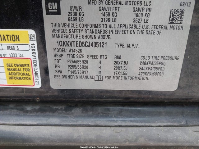 45030063 :رقم المزاد ، 1GKKVTED5CJ405121 vin ، 2012 Gmc Acadia Denali مزاد بيع