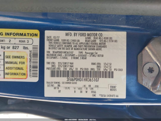 Aukcja sprzedaży 2017 Ford Fusion Se, vin: 3FA6P0HD1HR365107, numer aukcji: 45030066