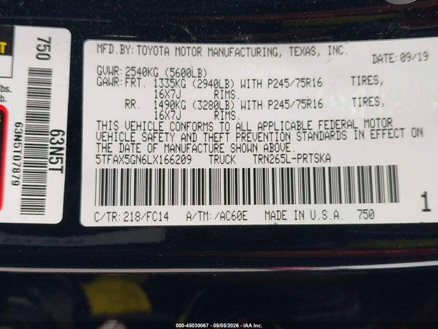5TFAX5GN6LX166209 Toyota Tacoma Sr5
