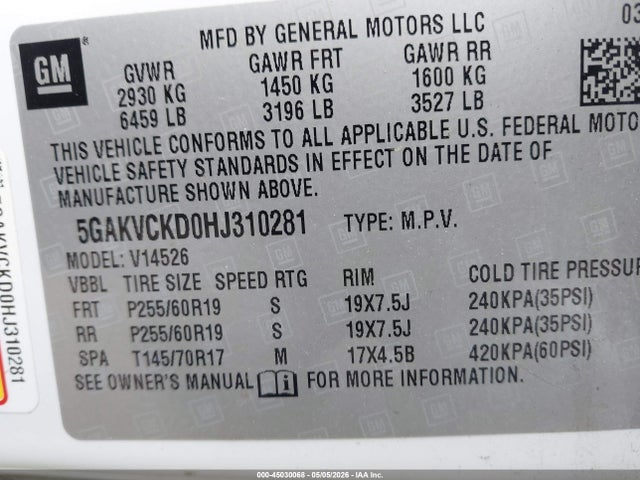 Продажа на аукционе авто 2017 Buick Enclave Premium, vin: 5GAKVCKD0HJ310281, номер лота: 45030068