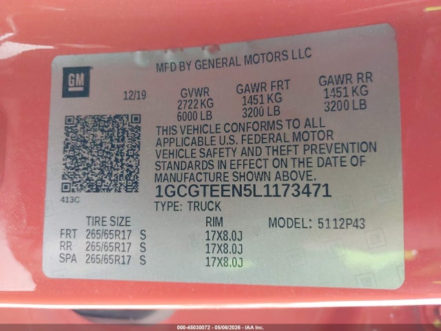 Продаж на аукціоні авто 2020 Chevrolet Colorado 4wd  Short Box Zr2, vin: 1GCGTEEN5L1173471, номер лоту: 45030072