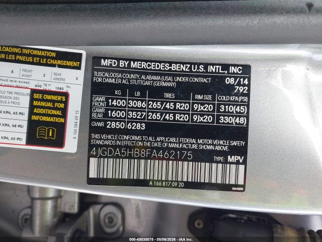Продажа на аукционе авто 2015 Mercedes-benz Ml 350 4matic, vin: 4JGDA5HB8FA462175, номер лота: 45030078