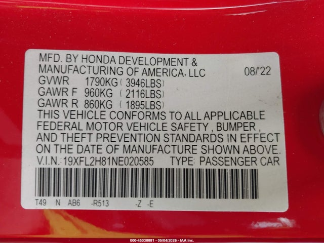 19XFL2H81NE020585 Honda Civic Sport