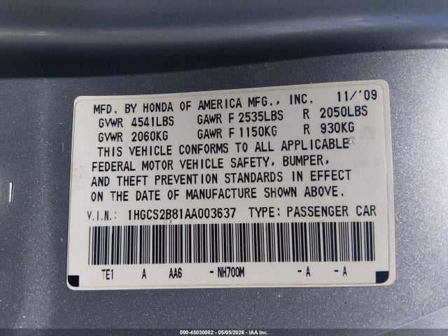 45030082 :رقم المزاد ، 1HGCS2B81AA003637 vin ، 2010 Honda Accord 3.5 Ex-l مزاد بيع