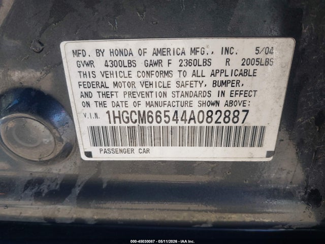 2004 Honda Accord 3.0 Ex მანქანა იყიდება აუქციონზე, vin: 1HGCM66544A082887, აუქციონის ნომერი: 45030087