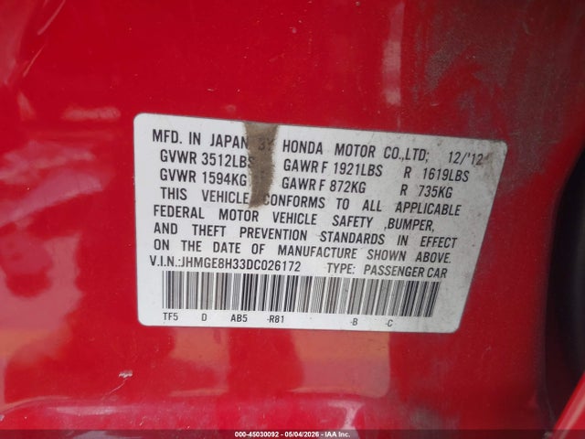 45030092 :رقم المزاد ، JHMGE8H33DC026172 vin ، 2013 Honda Fit مزاد بيع