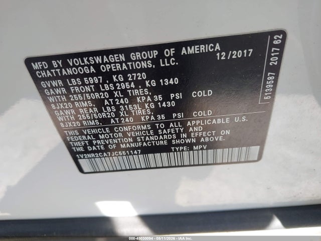 1V2NR2CA7JC551147 Volkswagen Atlas 3.6l V6 Sel Premium