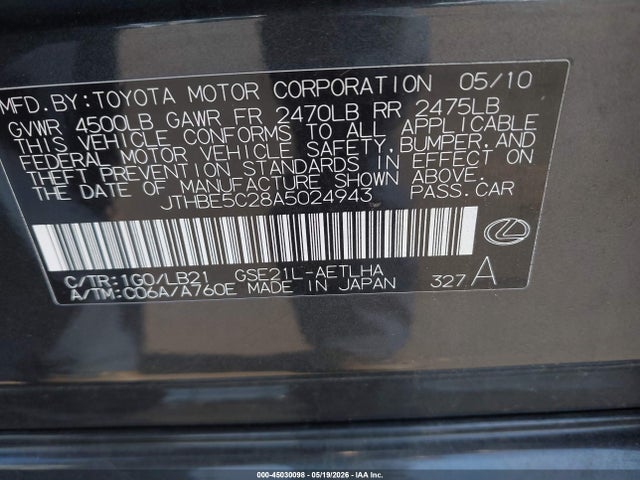 45030098 :رقم المزاد ، JTHBE5C28A5024943 vin ، 2010 Lexus Is 350 مزاد بيع