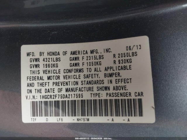 Продажа на аукционе авто 2013 Honda Accord Ex, vin: 1HGCR2F75DA217595, номер лота: 45030112