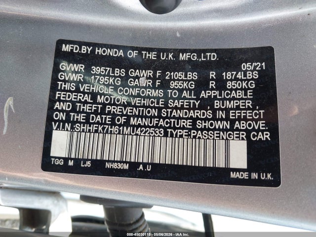 Aukcja sprzedaży 2021 Honda Civic Ex, vin: SHHFK7H61MU422533, numer aukcji: 45030115