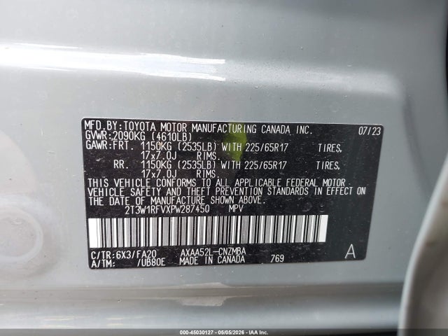 45030127 :رقم المزاد ، 2T3W1RFVXPW287450 vin ، 2023 Toyota Rav4 Xle مزاد بيع
